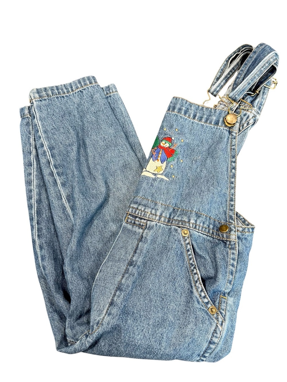Vintage snowman overalls 5/6T kids 90s denim embroidered